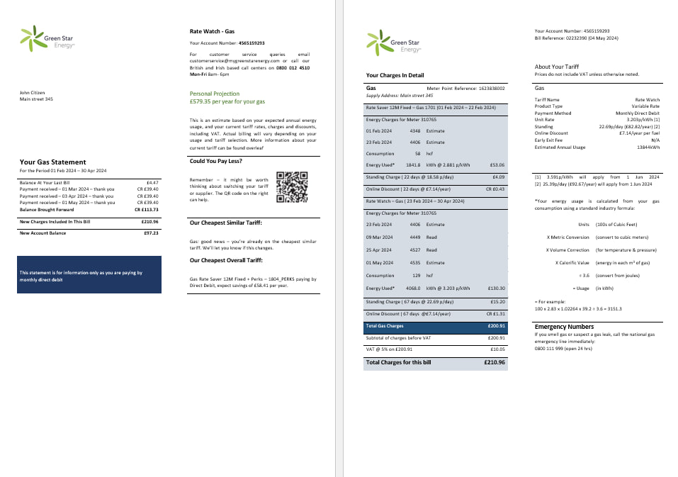 download download UK Green Star Energy energy utility bill Word and PDF, formats 3 PDF template PDF template